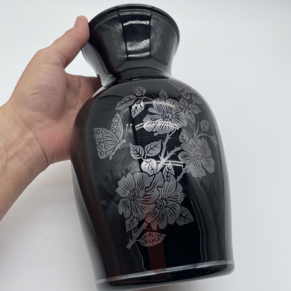 Vintage Black Amethyst Glass 9" Vase Sterling Floral Butterfly Hand Painted
